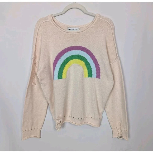 WILDFOX sz. S Sky High Bloomy Rainbow Sweater Distressed Pullover Oversized Top - Picture 4 of 13